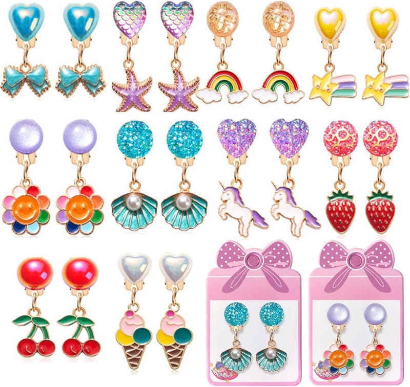ERDOGLY Clip On Earrings for Girls, 10/12 Pairs Kids Clip On Earrings for Toddler Party Favor, Stick on Earring Jewelry Set for Little Girl Princess Play Ages 3-12 - Image 1